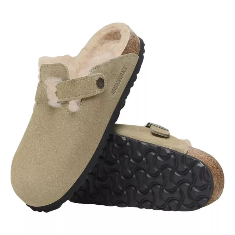 BIRKENSTOCK M SLIPPER Birkenstock Boston Suede Lamswol Taupe - Match Laren