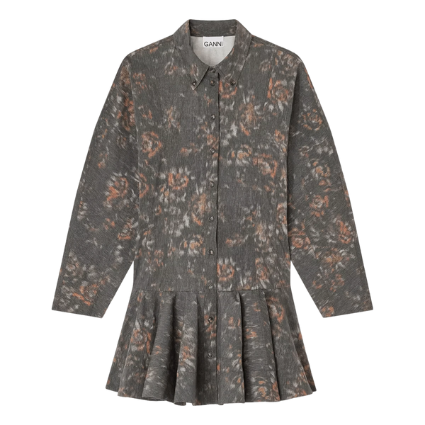GANNI M JURK 36 / GRIJS COMBI Ganni Phantom Floral Shirt Jurk Donkergrijs - Sisera Laren