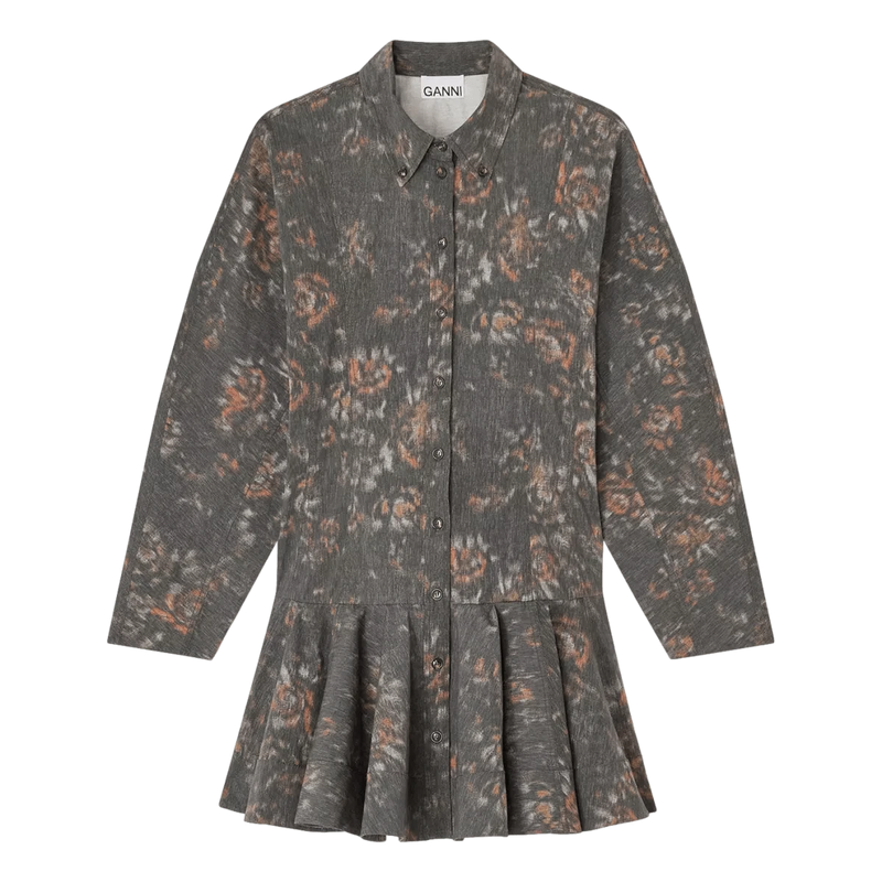 GANNI M JURK 36 / GRIJS COMBI Ganni Phantom Floral Shirt Jurk Donkergrijs - Sisera Laren