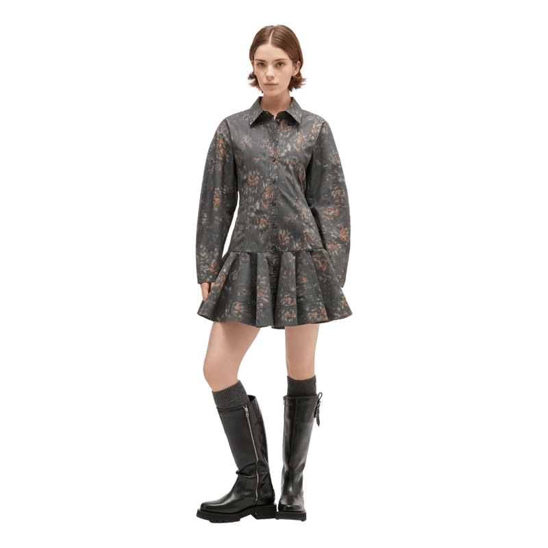 GANNI M JURK Ganni Phantom Floral Shirt Jurk Donkergrijs - Sisera Laren